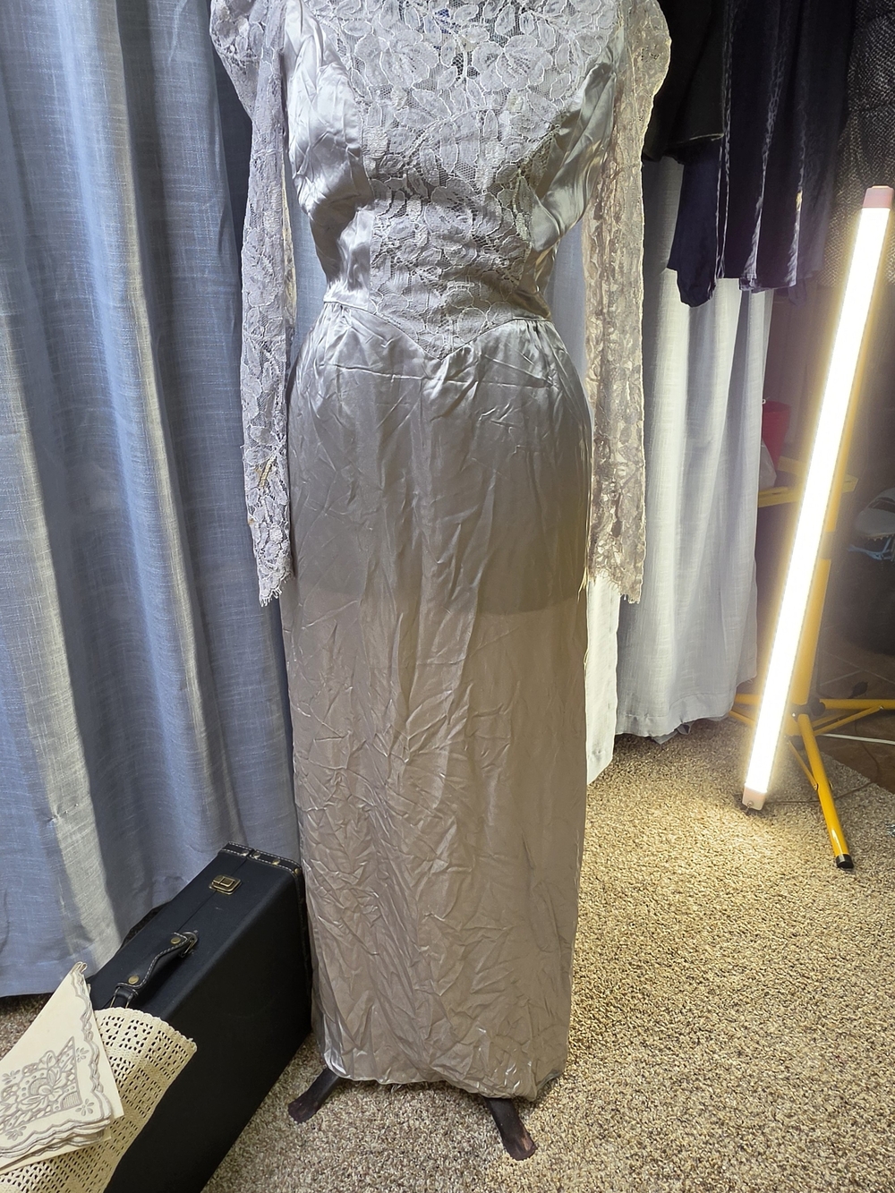 Lace Yoke Long Sleeve Satin Maxi Dress in Taupe